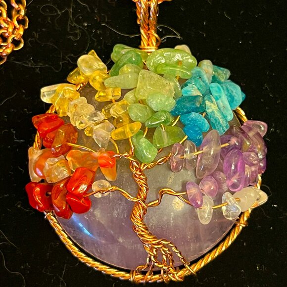 Chakra Tree of Life - Copper, Crystals on Round Fluorite with 18" Chain - Picture 1 of 4